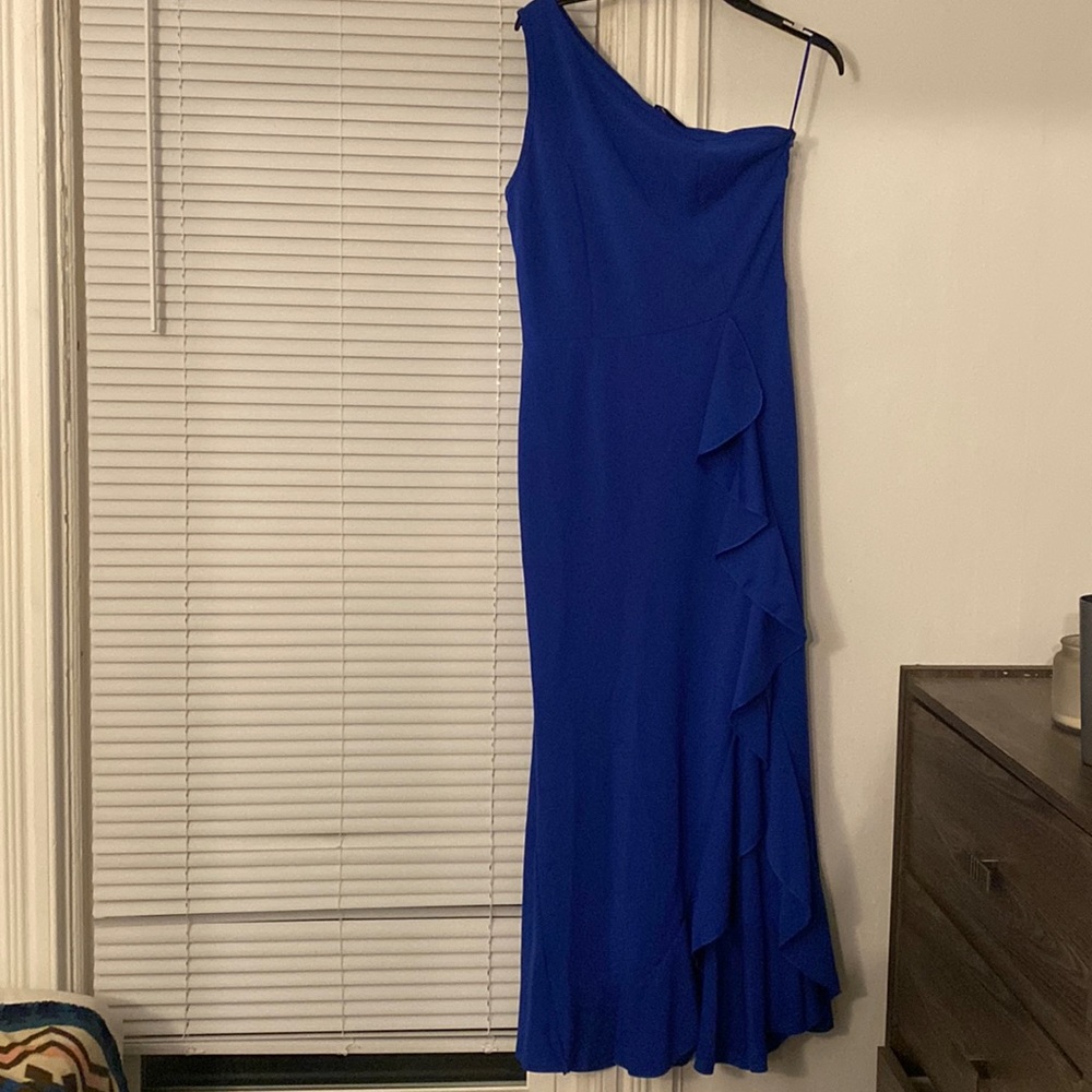Blue one shoulder floor length dress